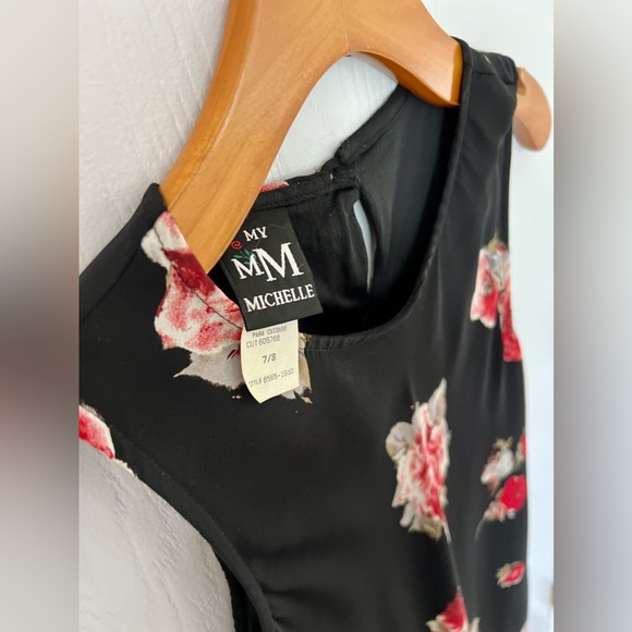 MY MICHELLE Black Dress with Red Rose Print Size 7/8 Vintage - Picture 2 of 4